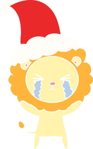 Bir insan tarafından çizilmiş Noel Baba şapkası takan ağlayan bir aslanın düz renkli çizimi.