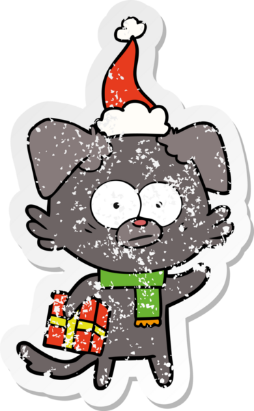 Sinirli köpek eli, bir insan tarafından çizilmiş Noel Baba şapkasıyla çizilmiş bir karikatür.
