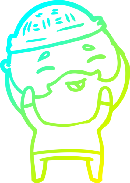 Bir insan tarafından çizilmiş, mutlu, sakallı, çizgi film karakteri.