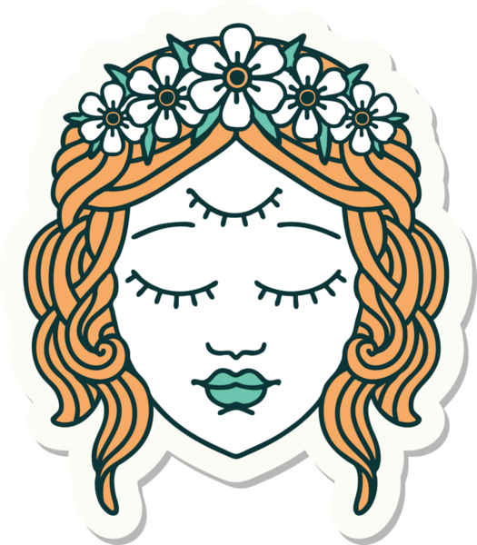 Geleneksel kadın yüzü stili bir dövme çıkartması. Üçüncü gözü bir insan tarafından çizilmiş.