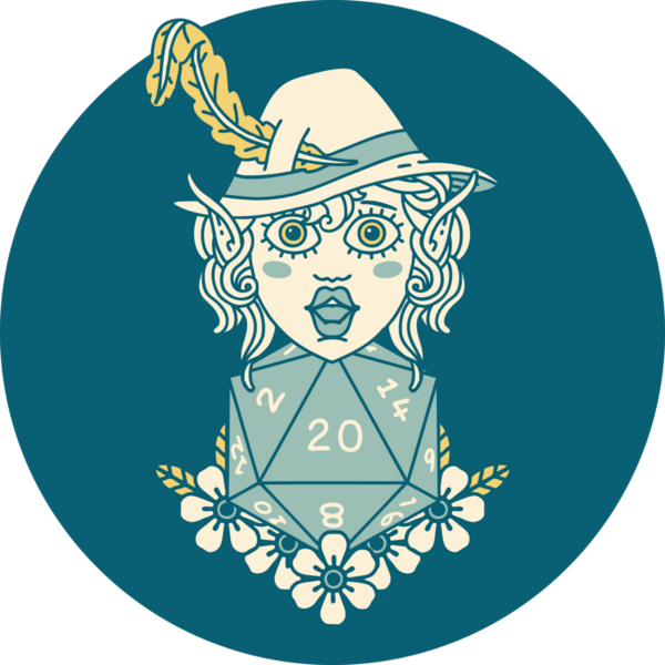 Retro Dövme Tarzı Elf karakteri Bir insan tarafından çizilmiş doğal yirmi zar ile