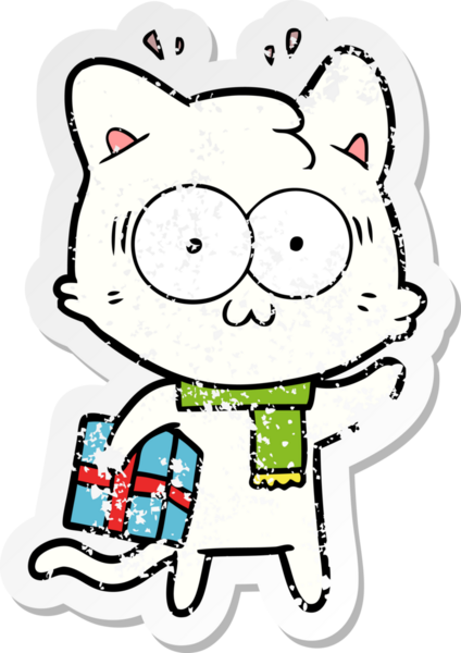 Üzüntülü bir çizgi film çıkartması. Şaşırmış bir kedi. Bir insan tarafından çizilmiş Noel hediyesi.