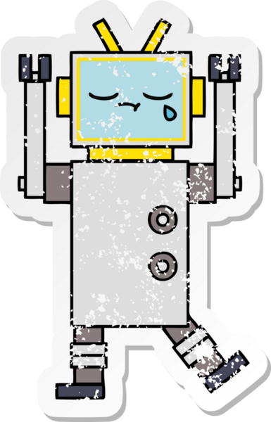 Bir insan tarafından çizilmiş ağlayan şirin bir çizgi robotun sıkıntılı çıkartması.