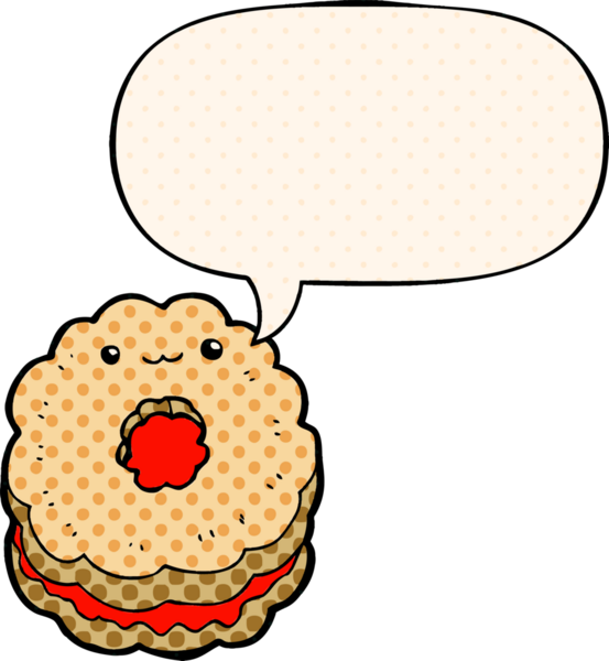 Bir insan tarafından çizilmiş çizgi roman tarzında konuşma baloncuklu çizgi film bisküvisi.