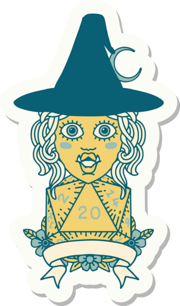 Bir insan tarafından çizilmiş doğal 20 zarlı yarım ork cadı karakterinin çıkartması.