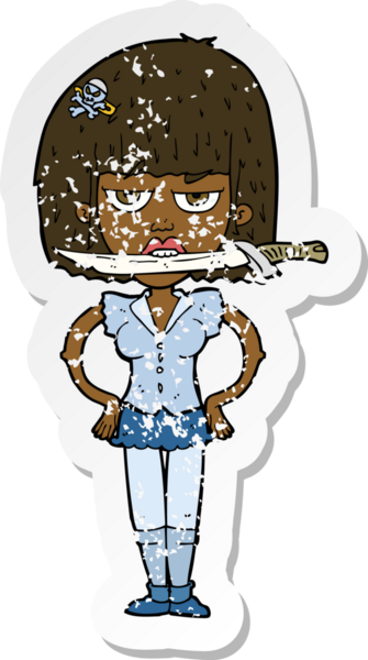 Bir insan tarafından çizilmiş, dişlerinin arasına bıçak saplanmış bir karikatür kadının gerilimli çıkartması.