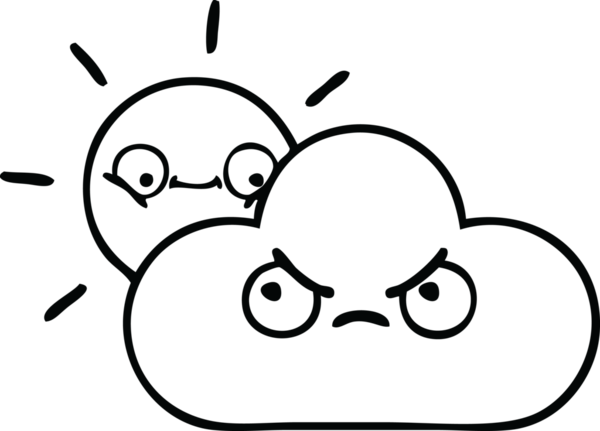 Bir insan tarafından çizilmiş fırtına bulutu ve güneş çizimleri.