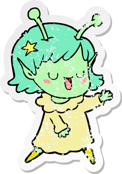 Bir insan tarafından çizilmiş mutlu uzaylı kız çizgi filminin sıkıntılı çıkartması.