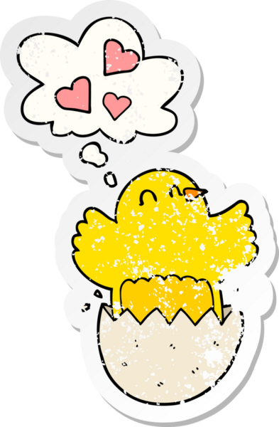 Düşünce baloncuğu olan, yumurtadan çıkan tatlı bir karikatür. Bir insan tarafından çizilmiş, yıpranmış bir çıkartma.
