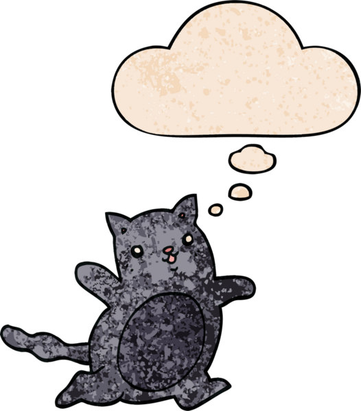 Bir insan tarafından çizilmiş grunge desenli düşünce baloncuklu çizgi film kedisi.