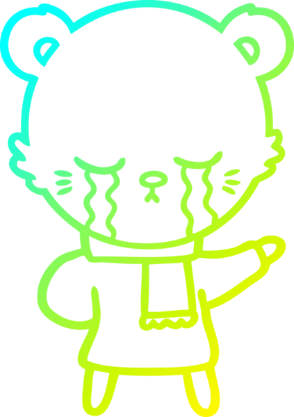 Bir insan tarafından çizilmiş kışlık giysiler içinde ağlayan bir ayının çizimi.