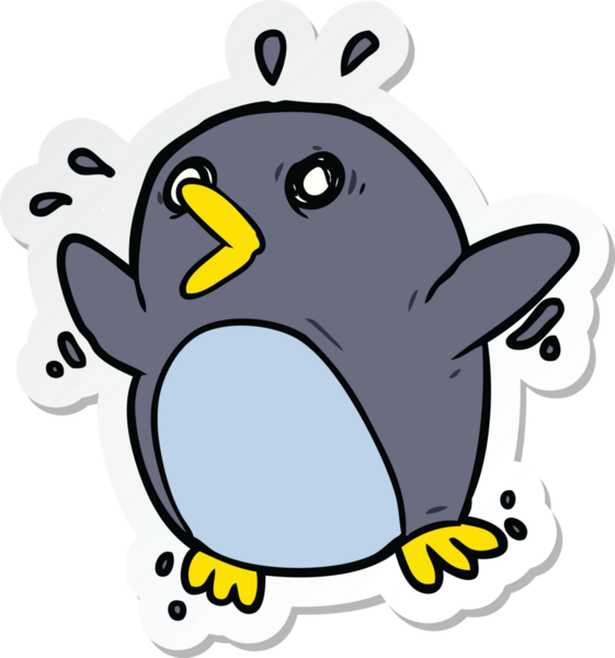 Çizgi film çıkartması. Bir insan tarafından çizilmiş korkmuş penguen.