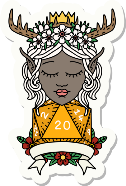 Bir insan tarafından çizilmiş doğal 20 zarlı Elf Druid karakterinin çıkartması.