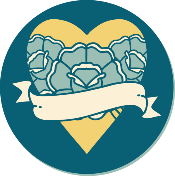 Geleneksel kalp stili dövme çıkartması ve bir insan tarafından çizilmiş çiçekli pankart.