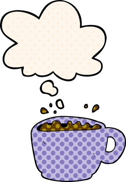 Çizgi roman tarzında bir insan tarafından çizilmiş düşünce balonlu kahve fincanı.