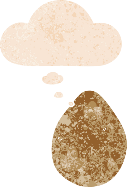 Düşünce baloncuklu çizgi film yumurtası grunge sıkıntılı retro tarzı bir insan tarafından çizilmiş.