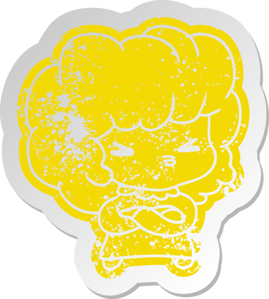 Bir insan tarafından çizilmiş sevimli bir haç kawaii kızının sıkıntılı eski karikatür çıkartması.