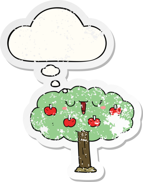 Düşünce baloncuğu olan karikatür elma ağacı bir insan tarafından çizilmiş yıpranmış bir çıkartma.