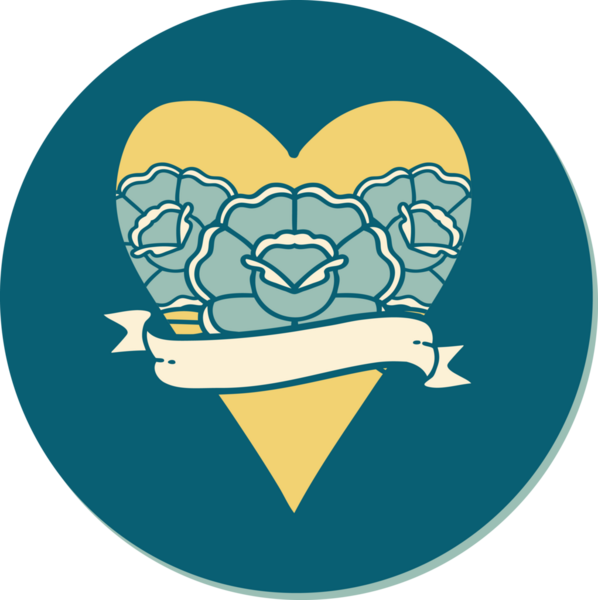 Geleneksel kalp stili dövme çıkartması ve bir insan tarafından çizilmiş çiçekli pankart.