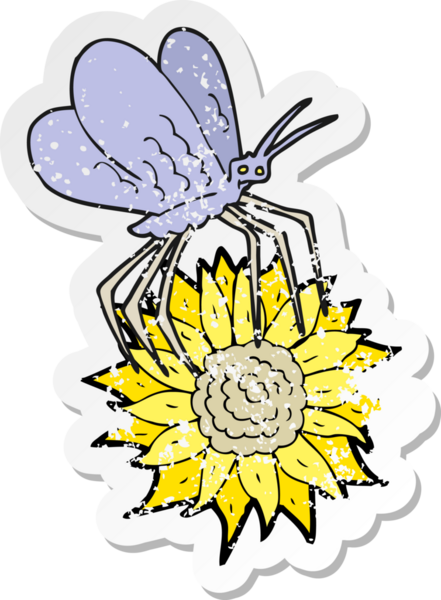 Bir insan tarafından çizilmiş çiçeğin üzerindeki kelebeğin kederli retro çıkartması.