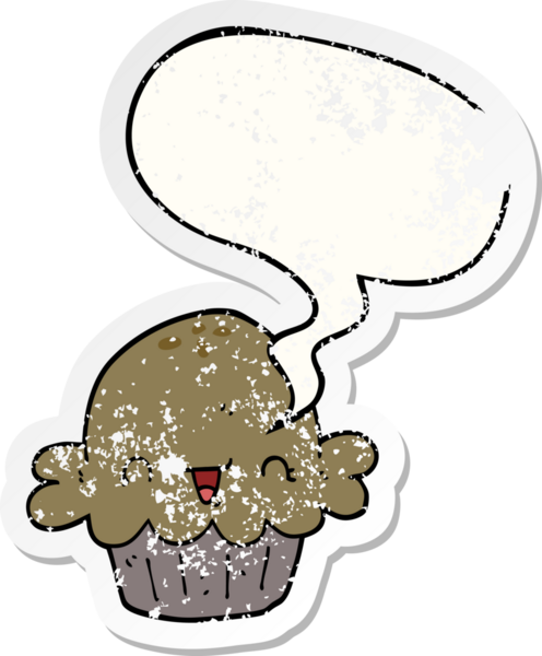 Konuşma baloncuğu olan şirin bir çizgi film pastası bir insan tarafından çizilmiş sıkıntılı eski bir çıkartma.