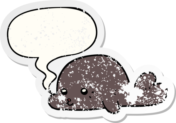 Bir insan tarafından çizilmiş, kederli, yaşlı bir çıkartma, konuşma baloncuğu olan bebek fok.