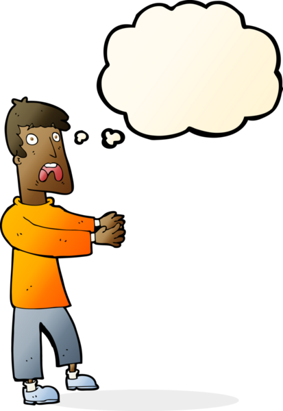 Bir insan tarafından çizilmiş düşünce baloncuğuyla dehşete düşmüş bir adam.