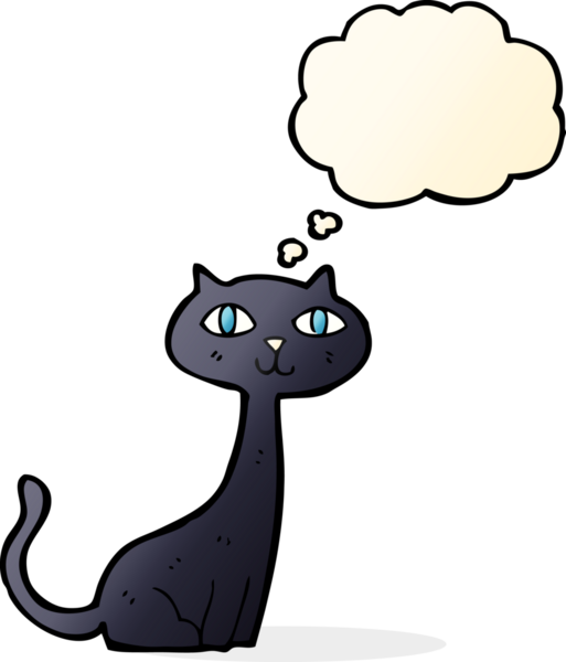 Bir insan tarafından çizilmiş düşünce baloncuklu kara kedi.