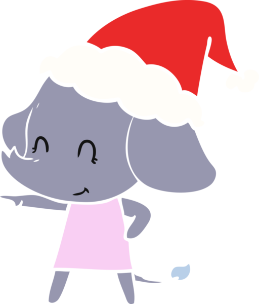 Bir insan tarafından çizilmiş Noel Baba şapkası takan bir filin düz renkli çizimi.