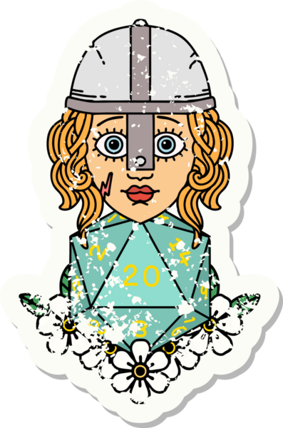 Bir insan dövüşçüsünün grunge sticker 'ı. Bir insan tarafından çizilmiş 20 D20 zarlı.