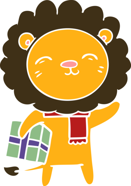 Bir insan tarafından çizilmiş noel hediyeli düz renkli çizgi film aslanı.