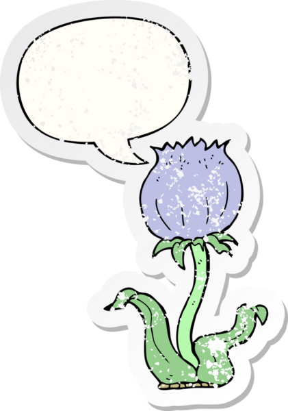 Konuşma baloncuğu olan vahşi bir çiçek, bir insan tarafından çizilmiş kederli eski bir çıkartma.