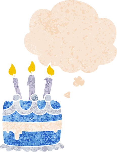 Düşünce baloncuklu çizgi film doğum günü pastası grunge sıkıntılı retro dokuma tarzı bir insan tarafından çizilmiş