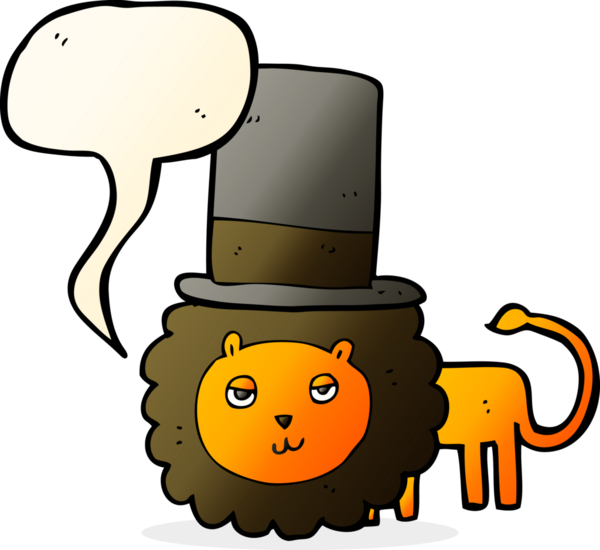 Bir insan tarafından çizilmiş konuşma baloncuğu olan silindir şapkalı bir aslan.