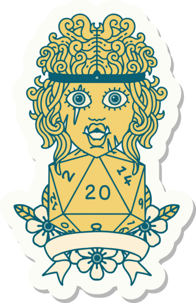 Bir insan tarafından çizilmiş doğal 20 zarlı yarı ork barbar bir karakterin çıkartması.