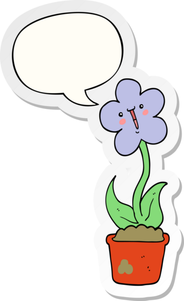 Bir insan tarafından çizilmiş baloncuk çıkartmalı şirin bir karikatür çiçeği.