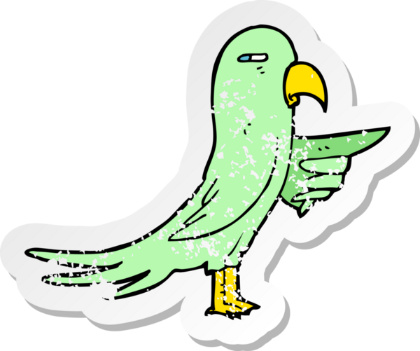 Bir insanın çizdiği karikatür papağanının kederli retro yapıştırması.