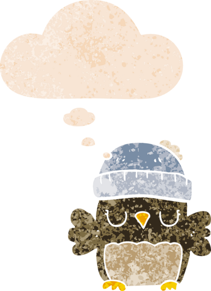 Şapkalı şirin bir baykuş. Grunge 'da düşünce baloncuğu var. Bir insan tarafından çizilmiş desenli.