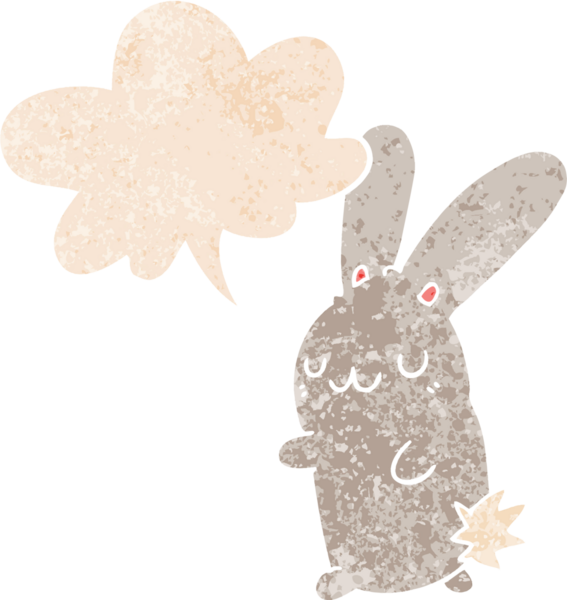Konuşması kabarcıklı şirin çizgi film tavşanı bir insan tarafından çizilmiş dertli retro tarzı.