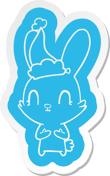 Bir insan tarafından çizilmiş Noel Baba şapkası takan bir tavşanın komik çizgi film çıkartması.