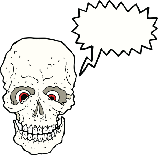 Bir insan tarafından çizilmiş konuşma baloncuğu olan karikatürümsü kafatası.