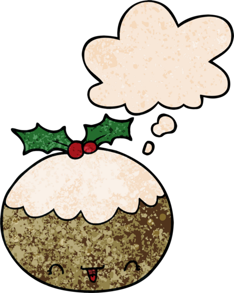 Düşünce baloncuklu tatlı çizgi film pudingi. Bir insan tarafından çizilmiş grunge desenli.