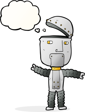 Bir insan tarafından çizilmiş düşünce baloncuklu çizgi film robotu