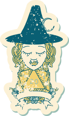 Retro Dövme Biçimi Bir insan tarafından çizilmiş doğal 20 zarlı yarı ork cadı karakteri