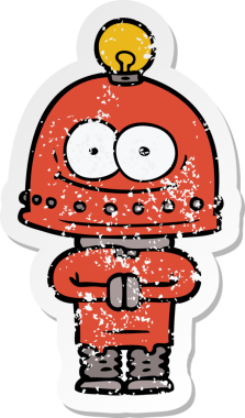 Bir insan tarafından çizilmiş ampullü mutlu bir robot çıkartması.