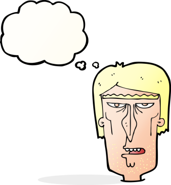 Bir insan tarafından çizilmiş düşünce baloncuklu kızgın bir yüz.