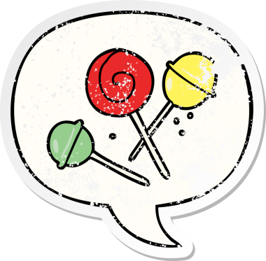 Konuşma baloncuklu geleneksel lolipop çizgi filmi bir insan tarafından çizilmiş sıkıntılı eski bir çıkartma