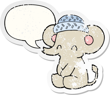 Konuşma baloncuğu olan sevimli bir fil, bir insan tarafından çizilmiş, kederli, yaşlı bir çıkartma.