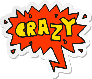 Bir insan tarafından çizilmiş konuşma kabarcığı çıkartması olan çılgın bir çizgi film kelimesi.