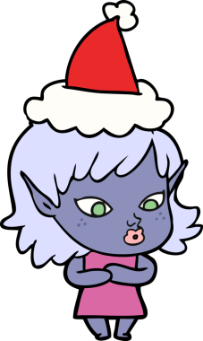 Bir insan tarafından çizilmiş Noel Baba şapkası giymiş güzel bir elf kızı çizimi.